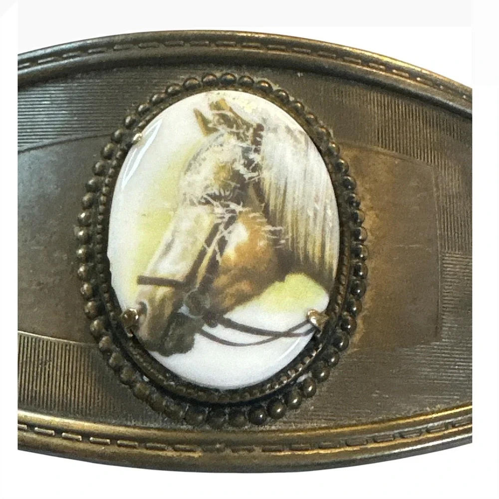 Vintage Western Horse Portrait Belt Buckle Antiqued Brass Tone Ceramic Cabochon